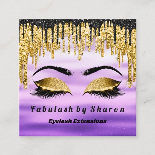 Gold Glitter  Makeup Artist Lashes Logo Purple Square Business Card