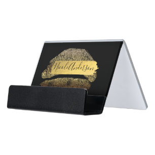 Gold Glitter Makeup Lipstick Lips Gold Foil Modern Desk Business Card Holder