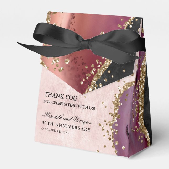 Gold Glitter Marble Agate 50th Anniversary Favor Boxes (Front Side)
