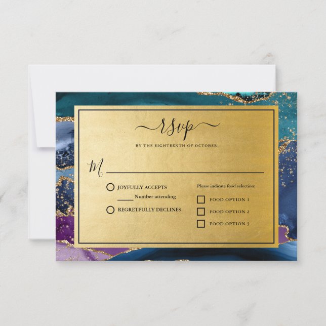 Gold Glitter Marble Agate Wedding RSVP Card (Front)