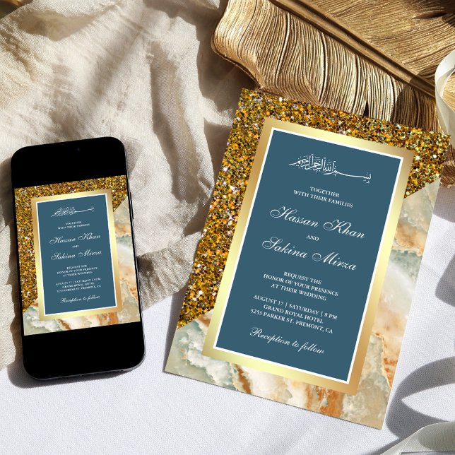Gold Glitter Marble Dusty Blue Muslim Wedding Invitation (Creator Uploaded)