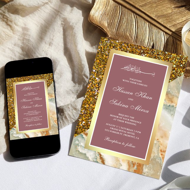 Gold Glitter Marble Dusty Rose Pink Muslim Wedding Invitation (Creator Uploaded)