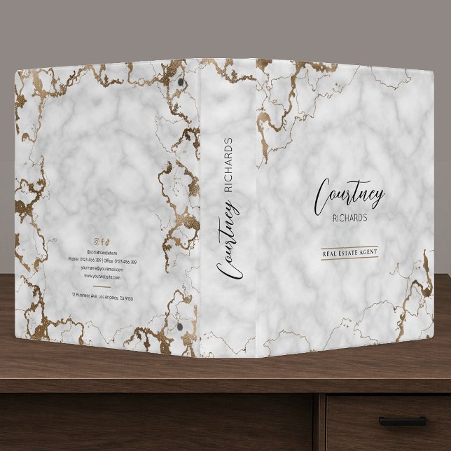Gold Glitter Marble Elegant Script Chic Business 3 Ring Binder (Creator Uploaded)