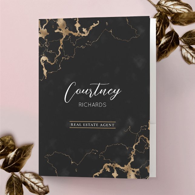 Gold Glitter Marble Elegant Script Chic Business Pocket Folder (Elegant black marble and gold glitter effect branded pocket folder)
