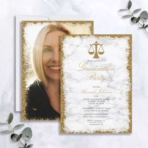 Gold Glitter Marble Law School Graduation Party Invitation