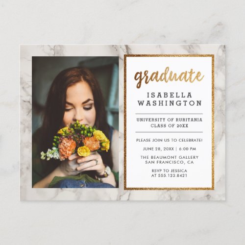 Gold Glitter  Marble Photo Graduation Party Invitation Postcard