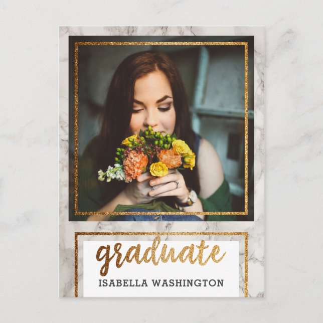 Gold Glitter & Marble Photo Graduation Party Invitation Postcard (Front)