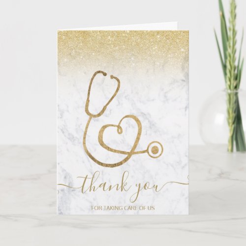 Gold glitter marble stethoscope nurse thank you card