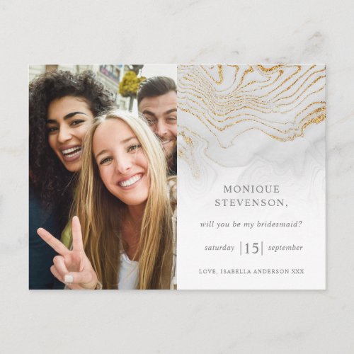 Gold Glitter Marble Will You Be My Bridesmaid Invitation Postcard
