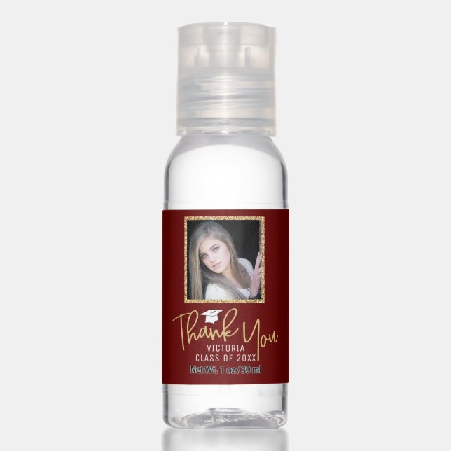 Gold Glitter Maroon Photo Graduation Thank You Hand Sanitizer (Front)