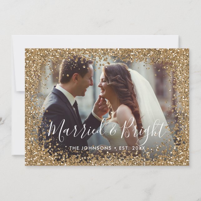 Gold Glitter Married and Bright Photo Frame Holiday Card (Front)