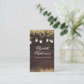 Gold Glitter Mason Jar Lights Rustic Country Wood Business Card (Standing Front)
