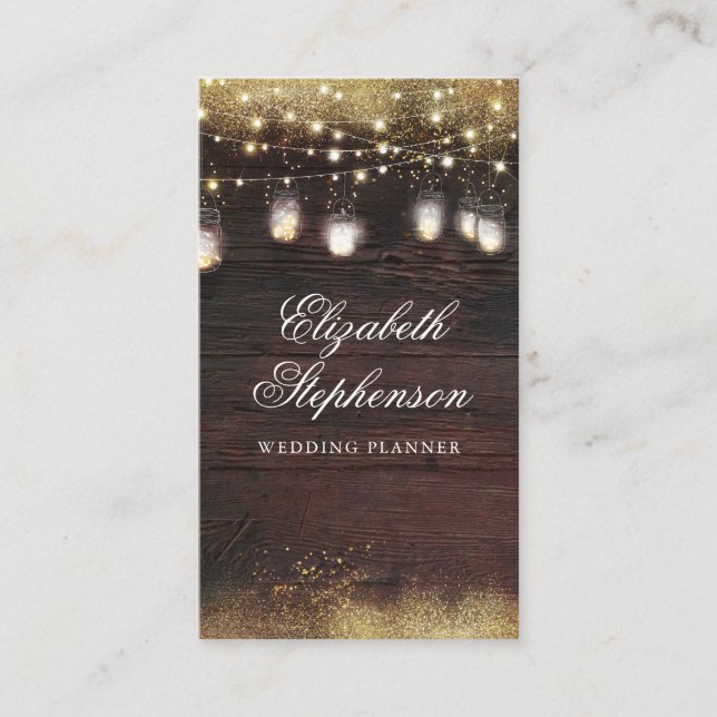 Gold Glitter Mason Jar Lights Rustic Country Wood Business Card (Front)