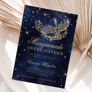 gold glitter masquerade mask navy blue Sweet 16 Invitation