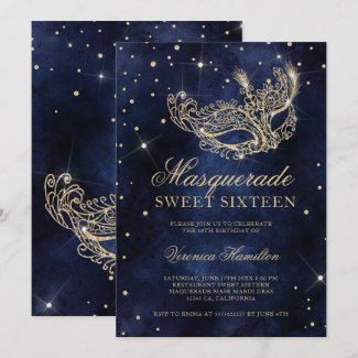 gold glitter masquerade mask navy blue Sweet 16 Invitation