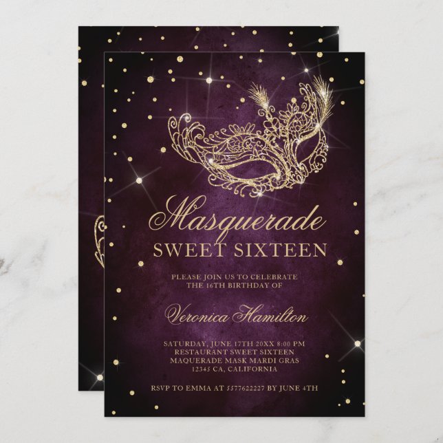 gold glitter masquerade mask plum Sweet 16 Invitation (Front/Back)