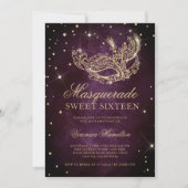 gold glitter masquerade mask plum Sweet 16 Invitation (Front)