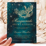 gold glitter masquerade mask teal green Sweet 16 Invitation<br><div class="desc">A modern,  chic and glamorous sweet sixteen with a hand drawn gold glitter masquerade mask with gold glitter diamond sparkles on a dark teal green watercolor background.</div>