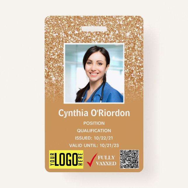 Gold Glitter Medical Photo ID QR Barcode Badge (Front)
