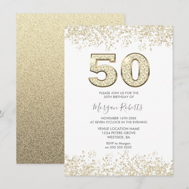 Gold Glitter Mens or Womans 50th Birthday Party Invitation (Front/Back)