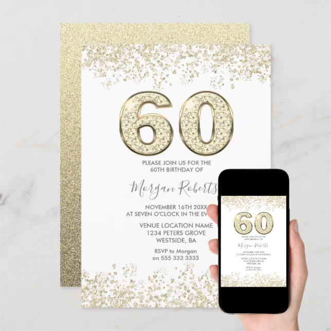 Gold Glitter Mens or Womans 60th Birthday Party Invitation | Zazzle