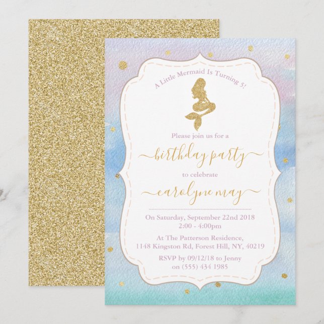 Gold Glitter Mermaid Birthday Party Invitation (Front/Back)