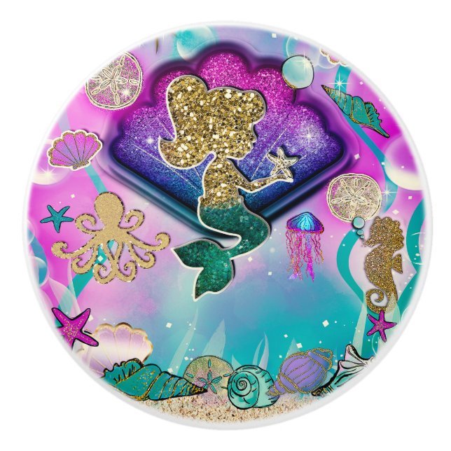 Gold Glitter Mermaid Holding Starfish Cute Bedroom Ceramic Knob (Front)
