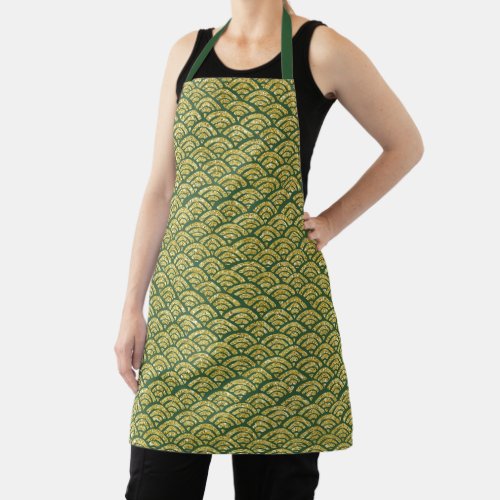 Gold Glitter Mermaid Scale Pattern on Dark Green Apron