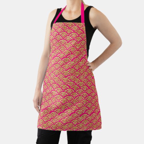 Gold Glitter Mermaid Scale Pattern on Hot Pink Apron