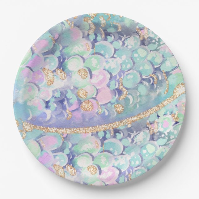 Gold Glitter Mermaid Scales Under the Sea Birthday Paper Plates (Front)