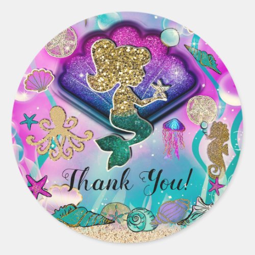 Gold glitter Mermaid  Shells Under the Sea Party Classic Round Sticker