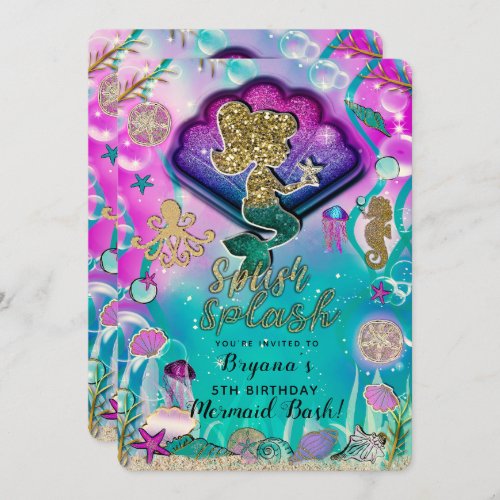 Gold glitter Mermaid  Shells Under the Sea Party Invitation