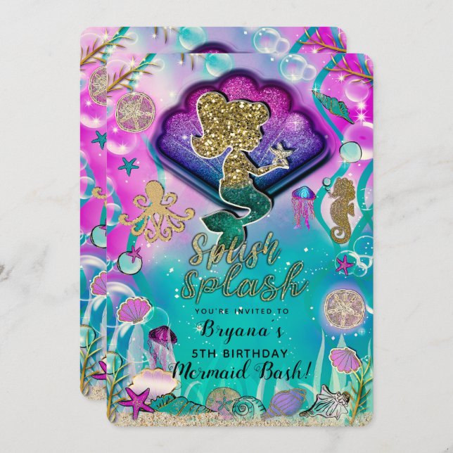 Gold glitter Mermaid & Shells Under the Sea Party Invitation (Front/Back)