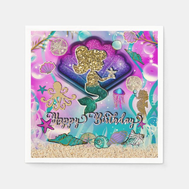 Gold glitter Mermaid & Shells Under the Sea Party Napkins (Front)
