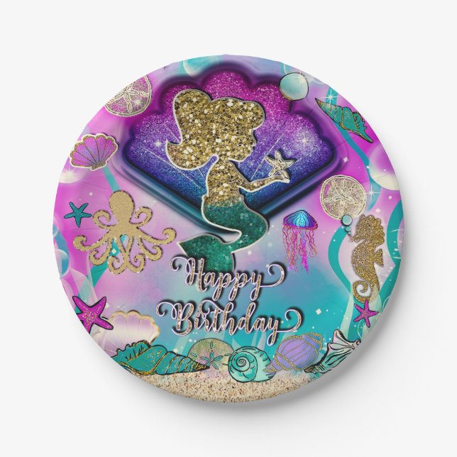 Gold glitter Mermaid & Shells Under the Sea Party Paper Plates (Front)