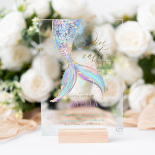 Gold Glitter Mermaid Tail Dive into Kids Birthday Acrylic Invitations