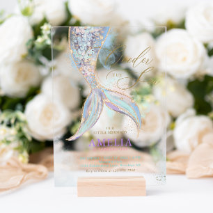 Gold Glitter Mermaid Tail ONEder the Sea Birthday Acrylic Invitations