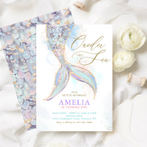 Gold Glitter Mermaid Tail ONEder the Sea Birthday Invitation