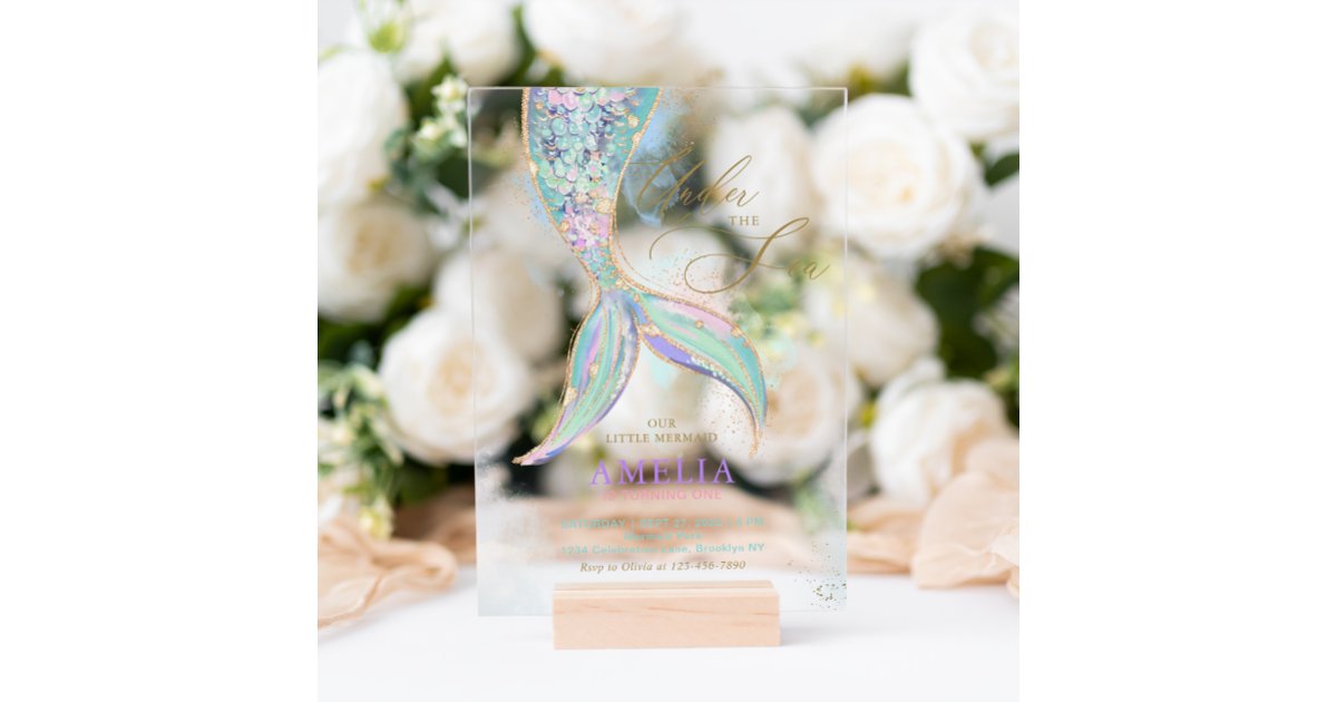 Gold Glitter Mermaid Tail Under the Sea Birthday Acrylic Invitations ...