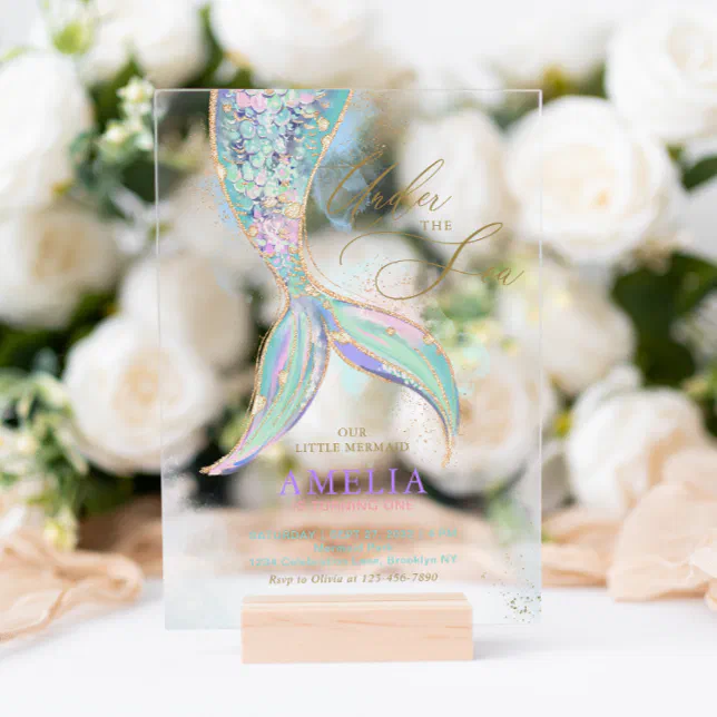 Gold Glitter Mermaid Tail Under the Sea Birthday Acrylic Invitations ...