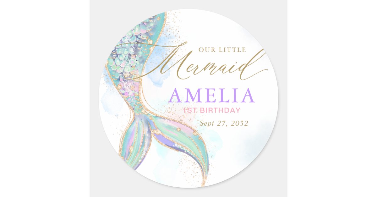 Gold Glitter Mermaid Tail Under the Sea Birthday Classic Round Sticker ...