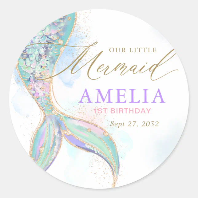 Gold Glitter Mermaid Tail Under the Sea Birthday Classic Round Sticker ...