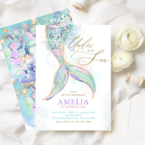 Gold Glitter Mermaid Tail Under the Sea Birthday Invitation