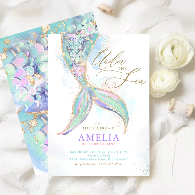 Gold Glitter Mermaid Tail Under the Sea Birthday Invitation | Zazzle