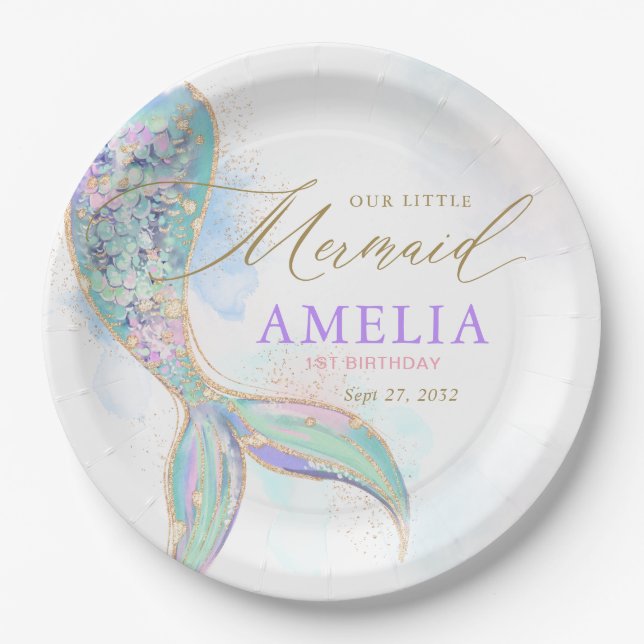 Gold Glitter Mermaid Tail Under the Sea Birthday Paper Plates (Front)