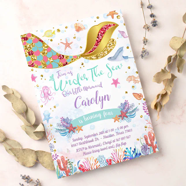 Gold Glitter | Mermaid Under The Sea Birthday Invitation | Zazzle