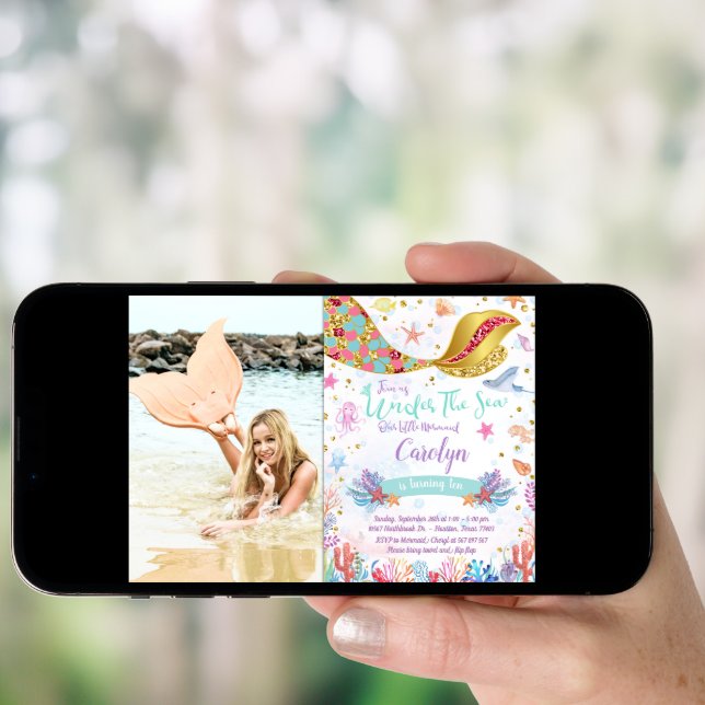 Gold Glitter|Mermaid Under The Sea Birthday Photo Invitation (Front Digital)