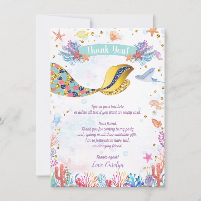 Gold Glitter | Mermaid Under The Sea Birthday Thank You Card (Front)