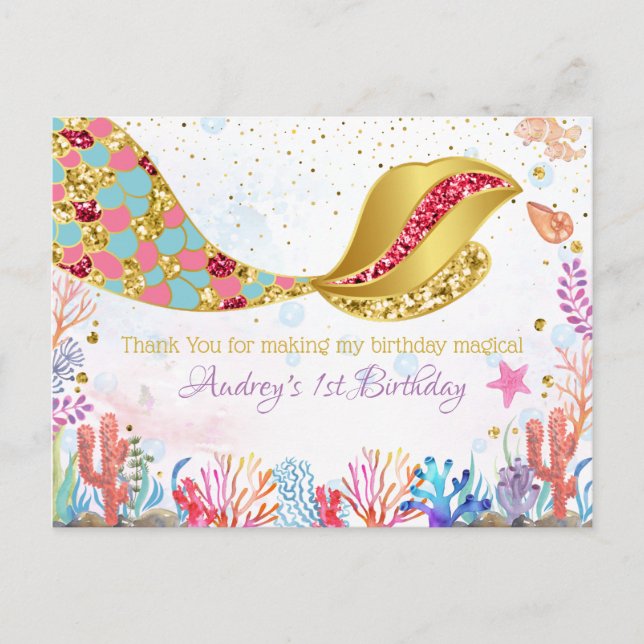 Gold Glitter|Mermaid Under The Sea Thank You Card (Front)