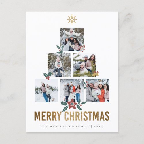 Gold Glitter Merry Christmas 6 Family Photos Holiday Postcard